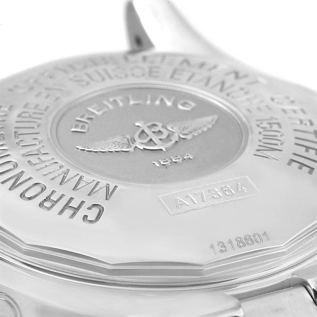 The image shows the case back of a Breitling Superocean A17364 Men's Stainless Steel Black Dial A17364 Men's Stainless Steel Black Dial watch, displaying engraved text and the model number.