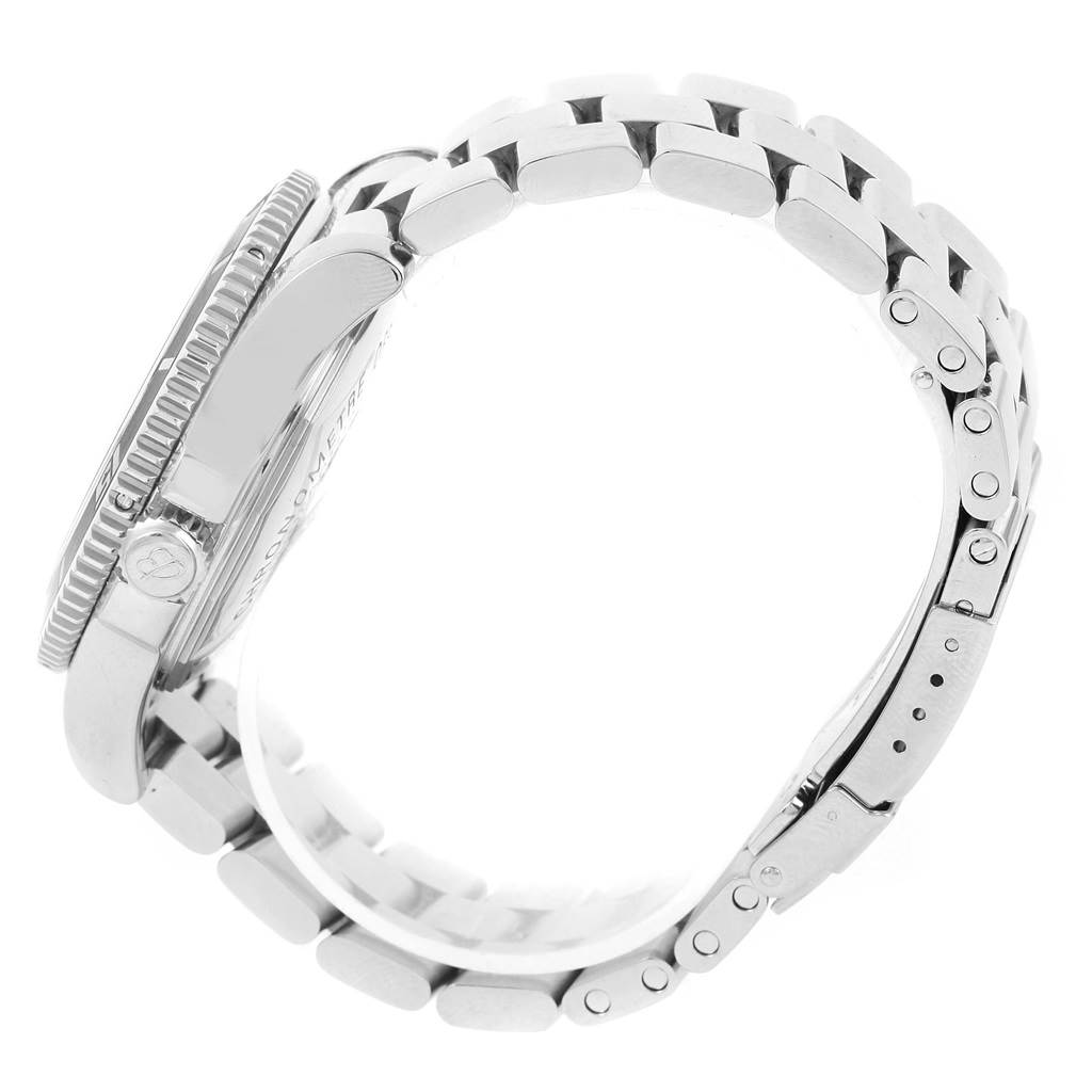 The image shows a Breitling Superocean A17364 Men's Stainless Steel Black Dial A17364 Men's Stainless Steel Black Dial watch from a side angle, highlighting its case, bezel, and bracelet.