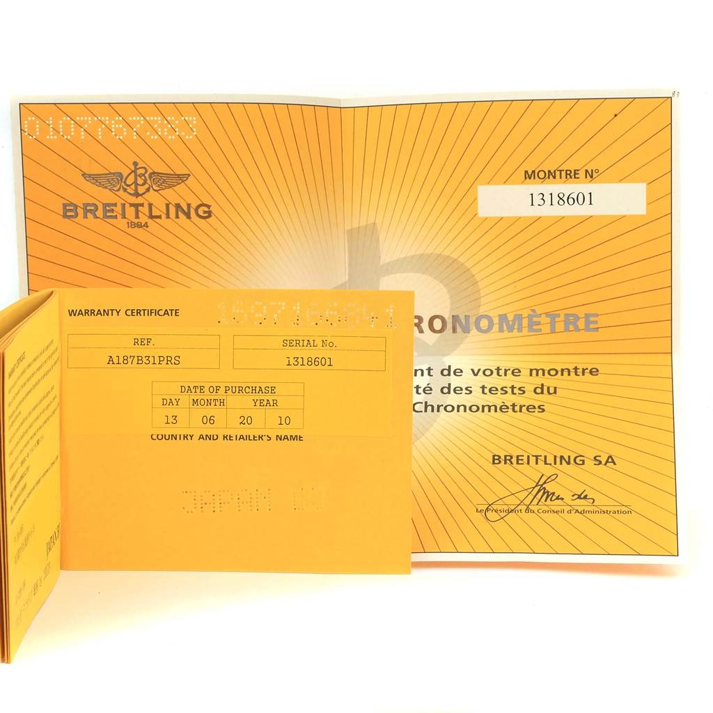 The image shows the warranty certificate for a Breitling Superocean A17364 Men's Stainless Steel Black Dial A17364 Men's Stainless Steel Black Dial watch, displaying the serial number and date of purchase.