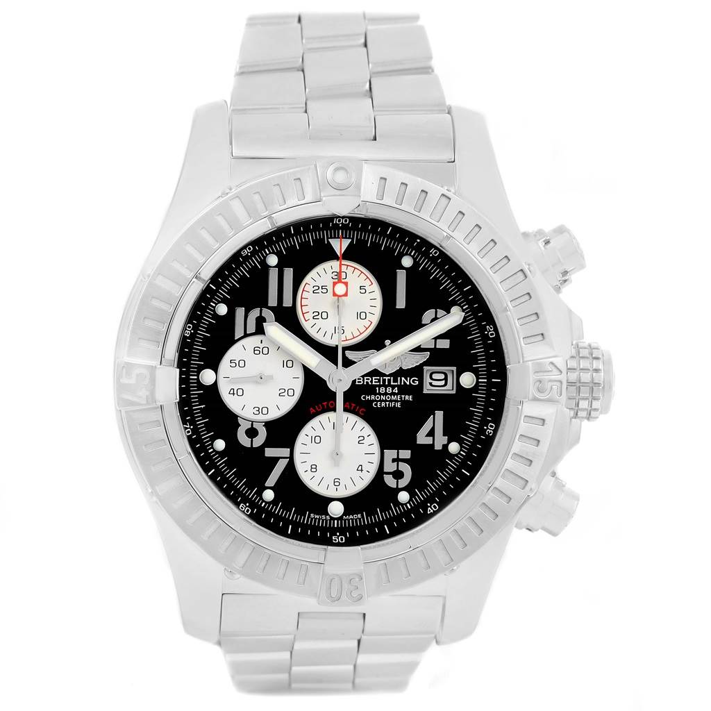 The image shows a front view of a Breitling Avenger A13370 Men's Stainless Steel Black Dial A13370 Men's Stainless Steel Black Dial watch, featuring its dial, bezel, and metal bracelet.