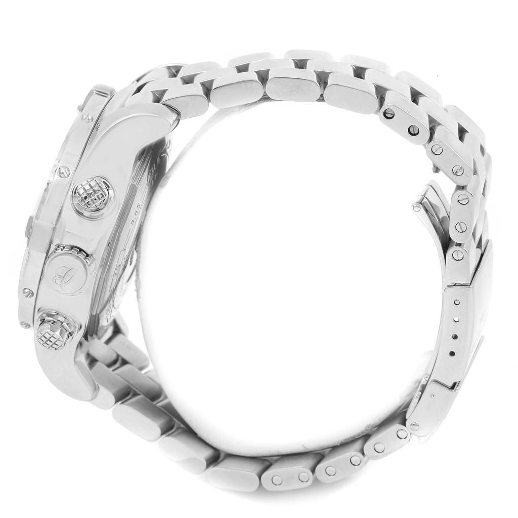 This image shows a Breitling Avenger A13370 Men's Stainless Steel Black Dial A13370 Men's Stainless Steel Black Dial watch from a side angle, highlighting its crown, pushers, and metal bracelet.