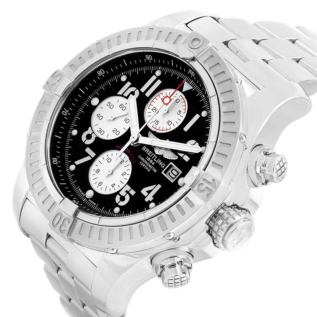 The image shows a Breitling Avenger A13370 Men's Stainless Steel Black Dial A13370 Men's Stainless Steel Black Dial watch at a slight side angle highlighting the face, bezel, chronograph buttons, and stainless steel bracelet.