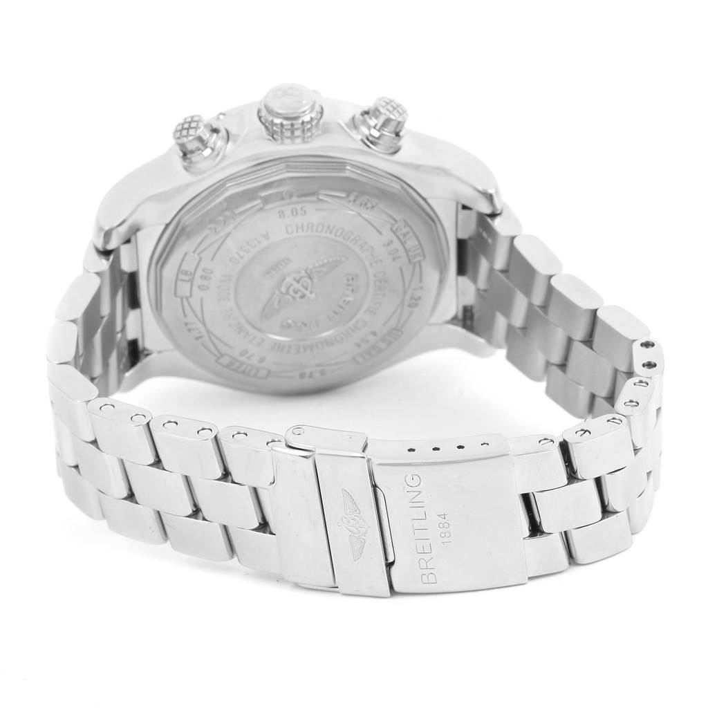 The image shows the back and bracelet of a Breitling Avenger A13370 Men's Stainless Steel Black Dial A13370 Men's Stainless Steel Black Dial watch, focusing on its caseback and clasp.