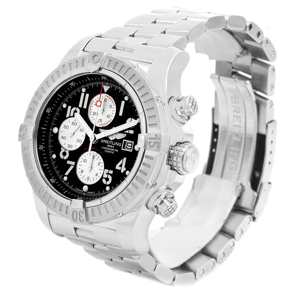 The image shows a Breitling Avenger A13370 Men's Stainless Steel Black Dial A13370 Men's Stainless Steel Black Dial watch at a three-quarter angle, highlighting its face, bezel, and metallic bracelet.