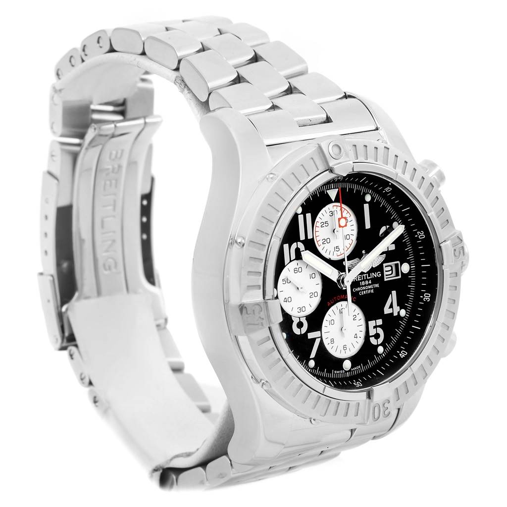 The image shows an oblique side view of the Breitling Avenger A13370 Men's Stainless Steel Black Dial A13370 Men's Stainless Steel Black Dial watch, highlighting the dial, bezel, and metal bracelet with partially open clasp.