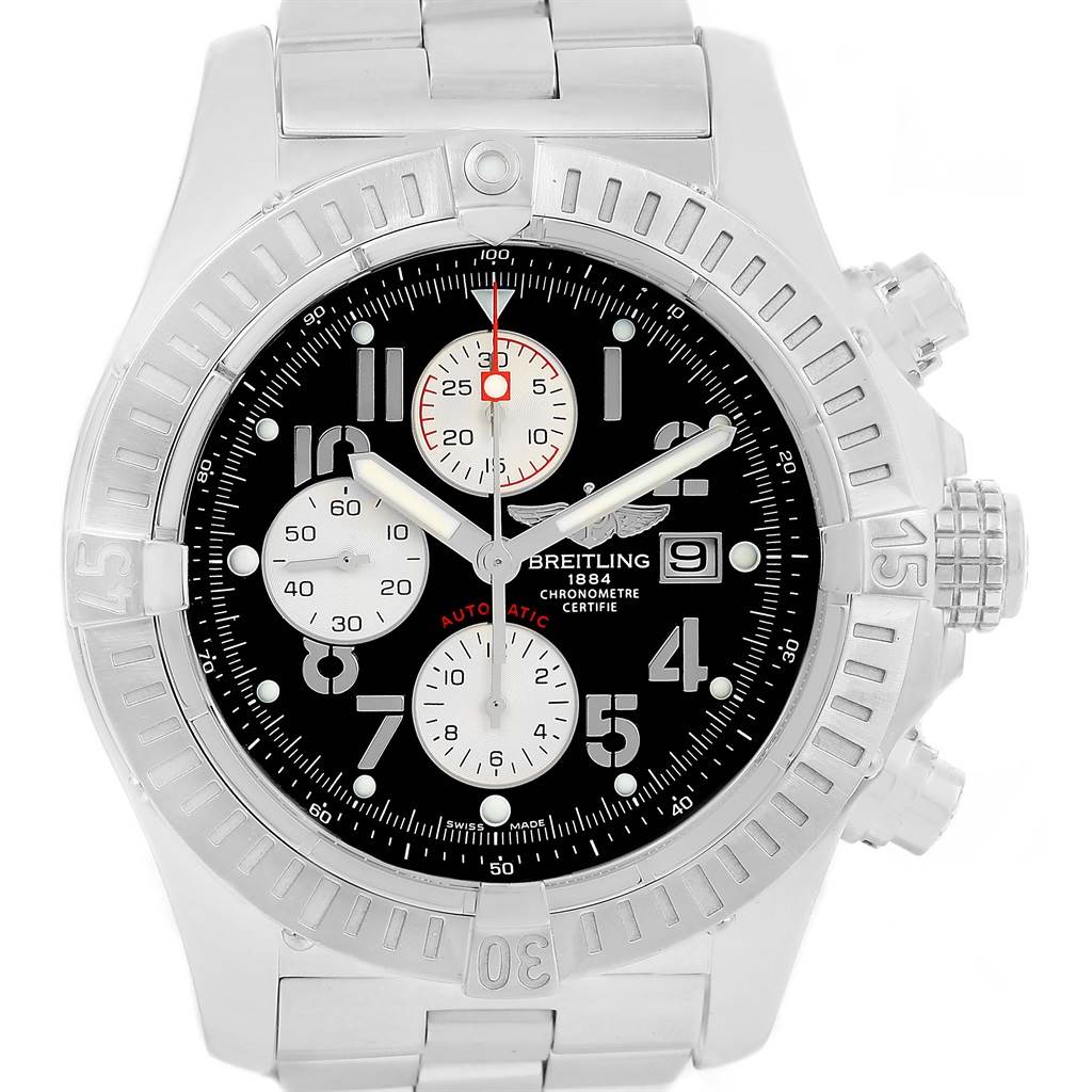 The image shows a front view of the Breitling Avenger A13370 Men's Stainless Steel Black Dial A13370 Men's Stainless Steel Black Dial watch, highlighting its black dial, chronograph sub-dials, and stainless steel bracelet.