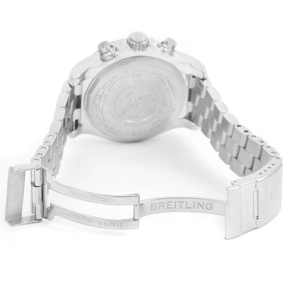 The image shows the open clasp and back of the Breitling Avenger A13370 Men's Stainless Steel Black Dial A13370 Men's Stainless Steel Black Dial watch, highlighting the engraved case back and metal bracelet.