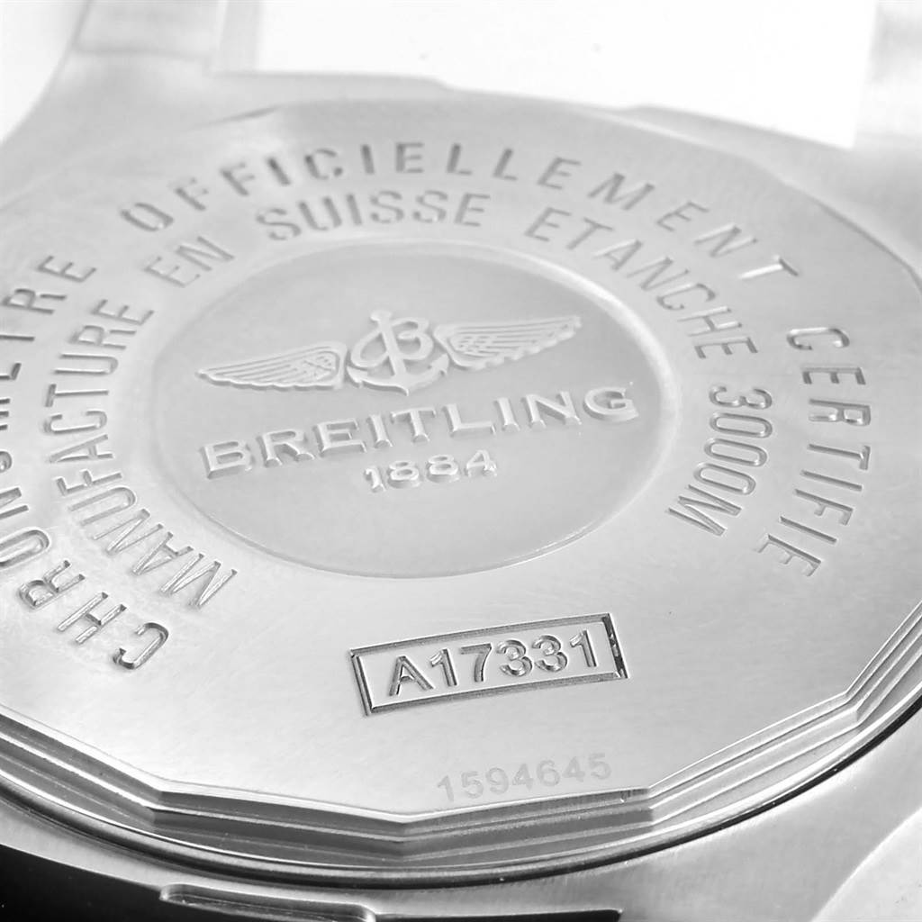 This image shows the back case of a Breitling Avenger A17331 Men's Stainless Steel Yellow Dial A17331 Men's Stainless Steel Yellow Dial model watch, featuring engraved text and branding.