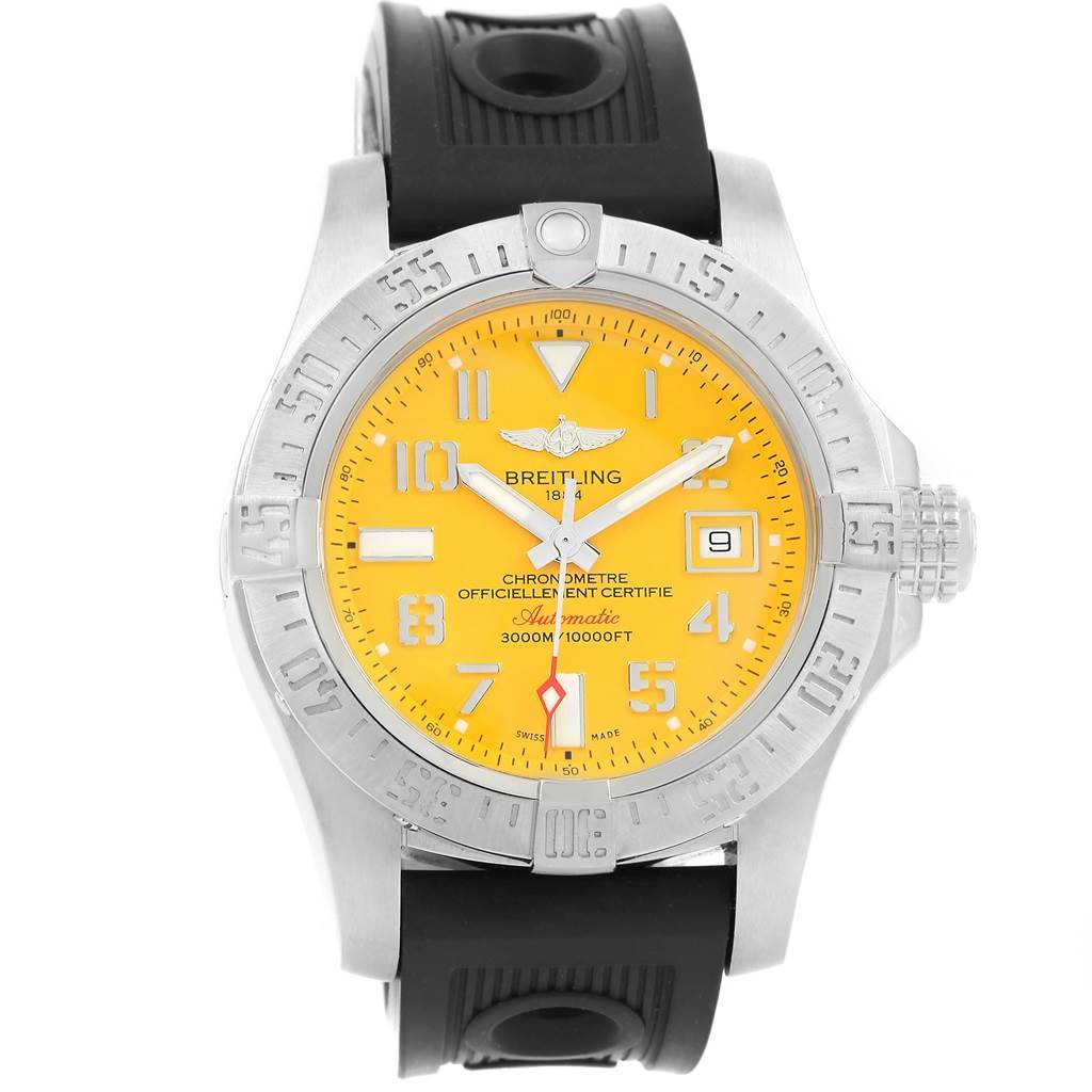 The image shows a front angle of the Breitling Avenger A17331 Men's Stainless Steel Yellow Dial A17331 Men's Stainless Steel Yellow Dial watch, featuring a yellow dial and a black rubber strap.