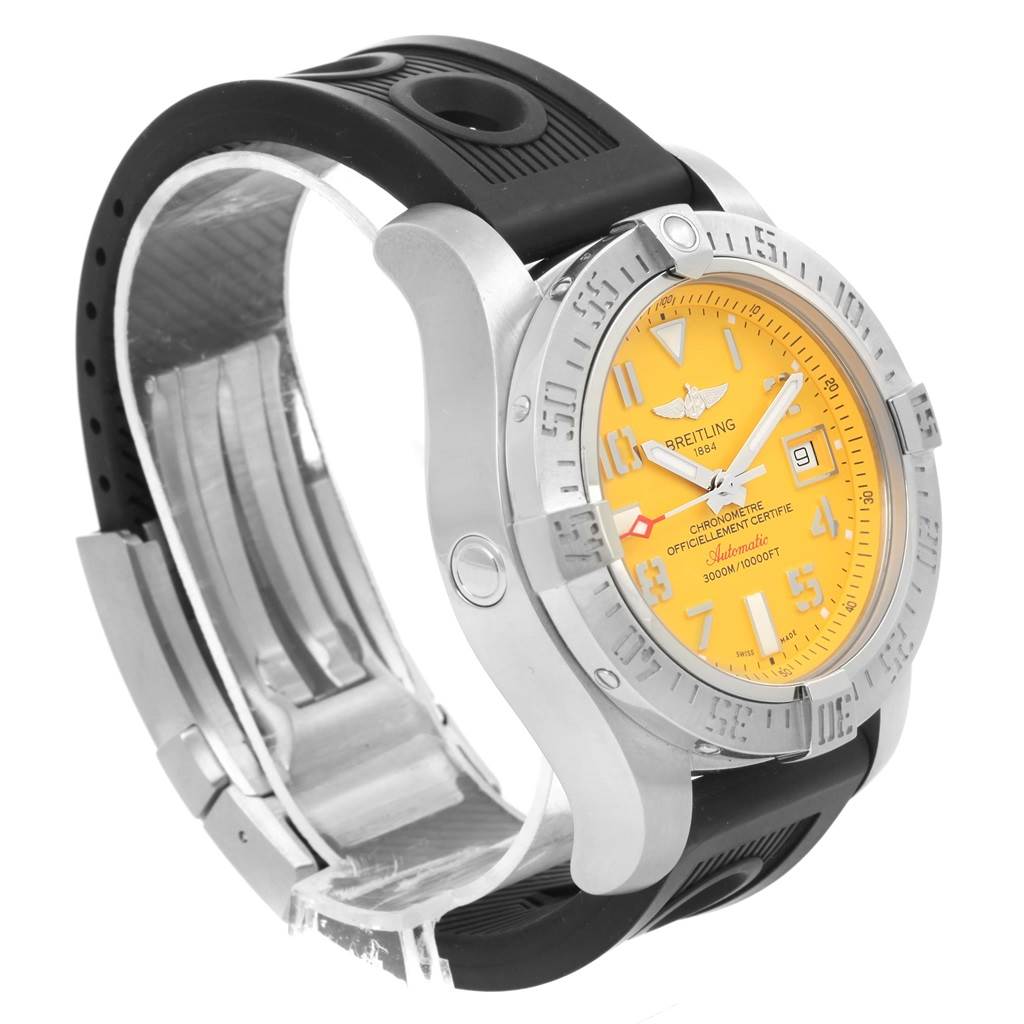The Breitling Avenger A17331 Men's Stainless Steel Yellow Dial A17331 Men's Stainless Steel Yellow Dial watch is shown at a side-angle, displaying its face, bezel, case, and rubber strap.