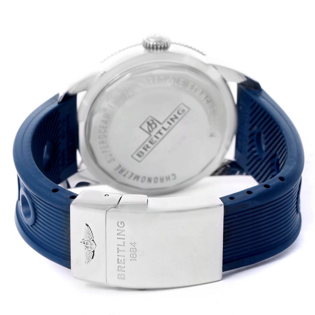 The image shows the back of a Breitling Superocean A17320 Men's Stainless Steel Blue Dial A17320 Men's Stainless Steel Blue Dial watch, highlighting the case back, clasp, and blue strap.