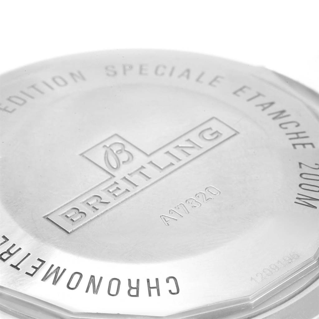 The image shows the back case of a Breitling Superocean A17320 Men's Stainless Steel Blue Dial A17320 Men's Stainless Steel Blue Dial watch, featuring engraved text and branding.