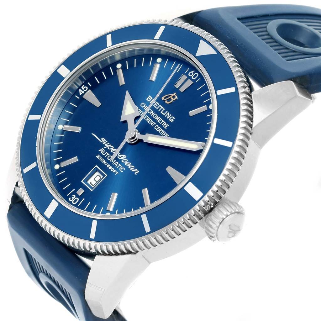 The image shows a Breitling Superocean A17320 Men's Stainless Steel Blue Dial A17320 Men's Stainless Steel Blue Dial watch at an angled view, highlighting its blue dial, bezel, and crown, along with part of the strap.