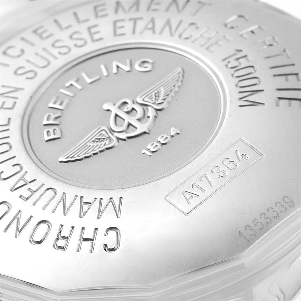 The image shows the case back of a Breitling Superocean A17364 Men's Stainless Steel Black Dial A17364 Men's Stainless Steel Black Dial watch, featuring engraved branding and model information.