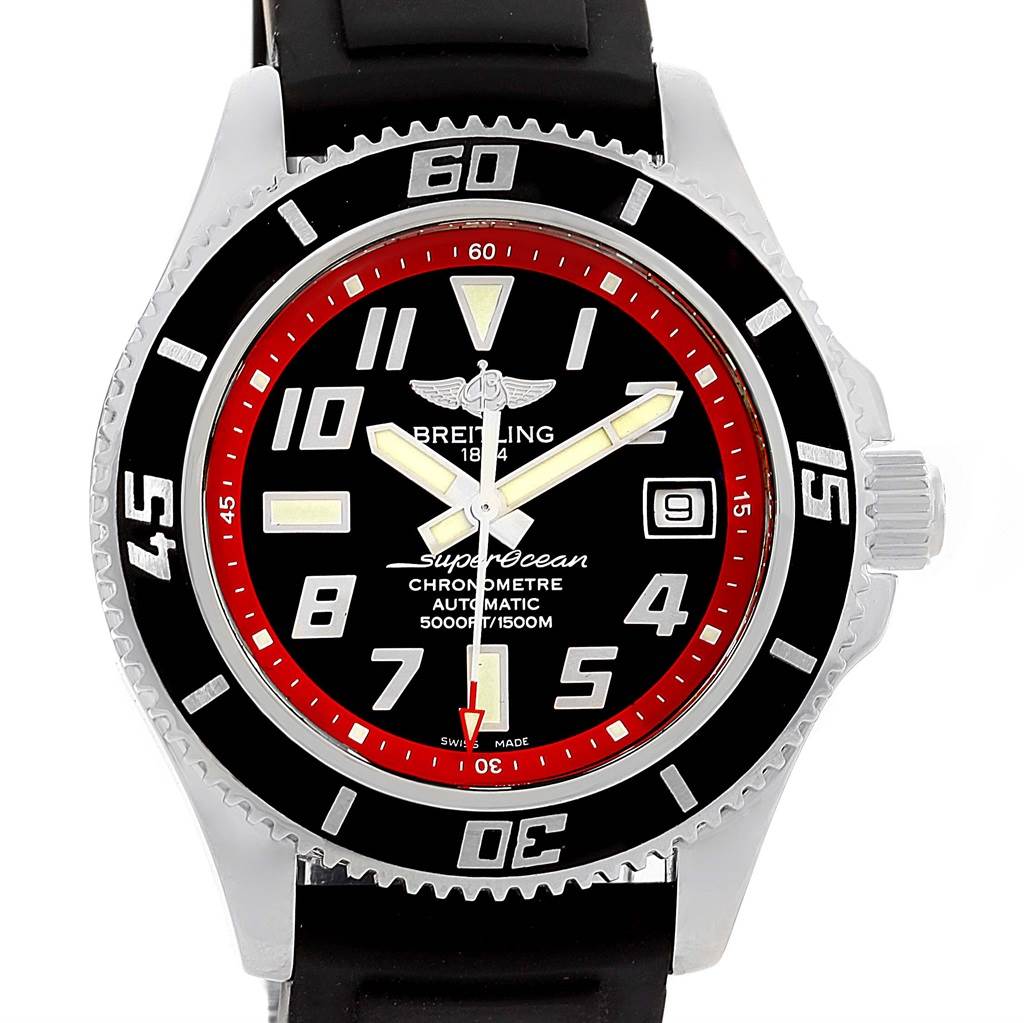 The image shows a front view of the Breitling Superocean A17364 Men's Stainless Steel Black Dial A17364 Men's Stainless Steel Black Dial watch, highlighting its dial, bezel, and black strap.