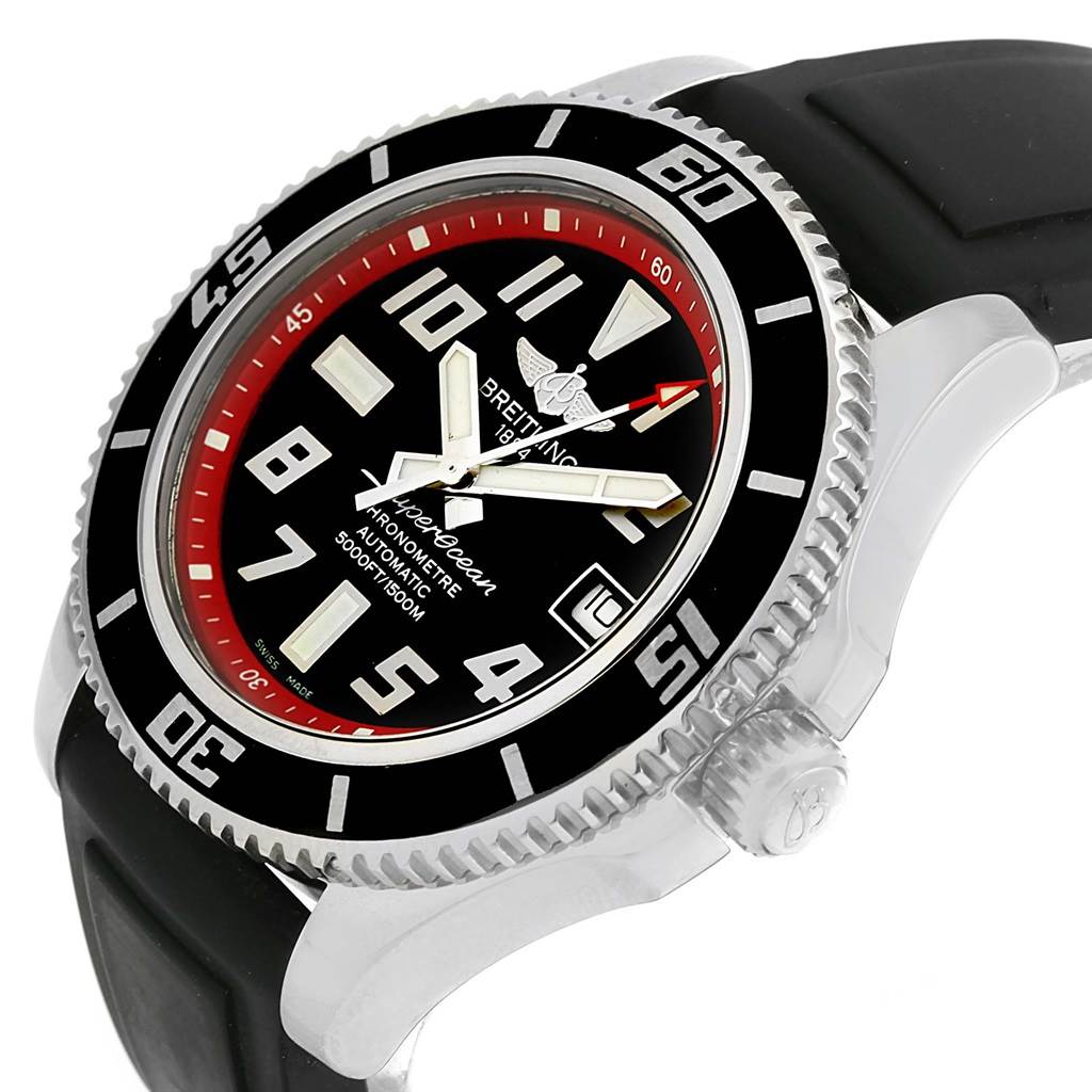 This image shows a side angle of the Breitling Superocean A17364 Men's Stainless Steel Black Dial A17364 Men's Stainless Steel Black Dial watch, highlighting the bezel, dial, and part of the strap.