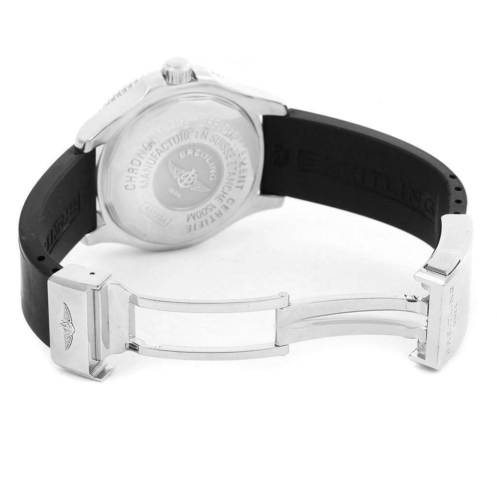 The image shows the backside and clasp of a Breitling Superocean A17364 Men's Stainless Steel Black Dial A17364 Men's Stainless Steel Black Dial watch, featuring the case back inscription and the open deployment clasp.