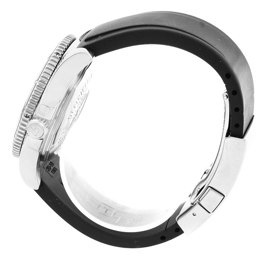 This image shows a side view of the Breitling Superocean A17364 Men's Stainless Steel Black Dial A17364 Men's Stainless Steel Black Dial watch, highlighting its case, bezel, and rubber strap with a clasp.