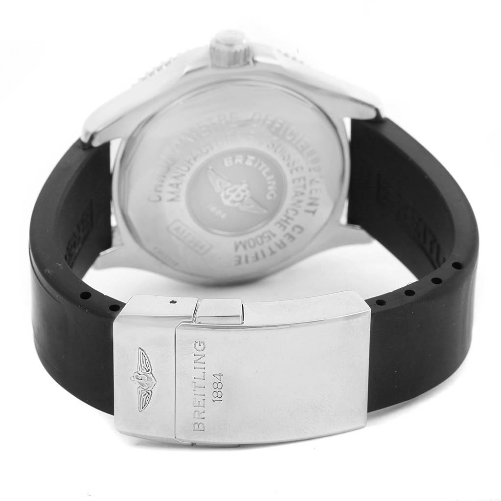 This image shows the back view of the Breitling Superocean A17364 Men's Stainless Steel Black Dial A17364 Men's Stainless Steel Black Dial watch and its clasp on the rubber strap.