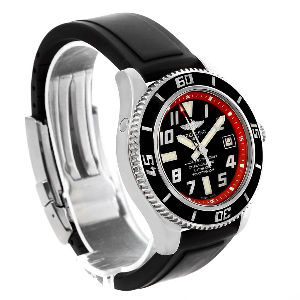 The image shows the Breitling Superocean A17364 Men's Stainless Steel Black Dial A17364 Men's Stainless Steel Black Dial watch from a side angle, displaying the face and part of the strap.