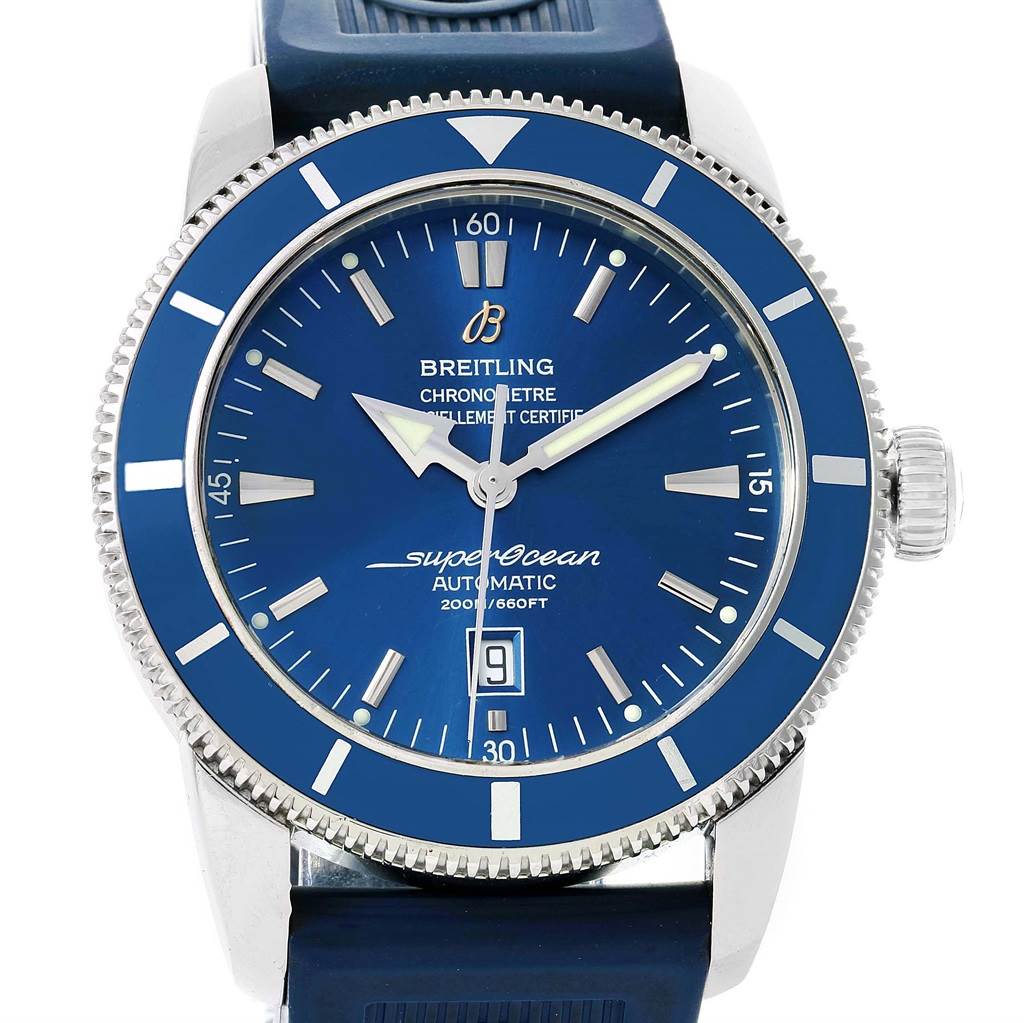 The image shows a front view of the Breitling Superocean A17320 Men's Stainless Steel Blue Dial A17320 Men's Stainless Steel Blue Dial watch displaying its blue dial, bezel, and strap features.
