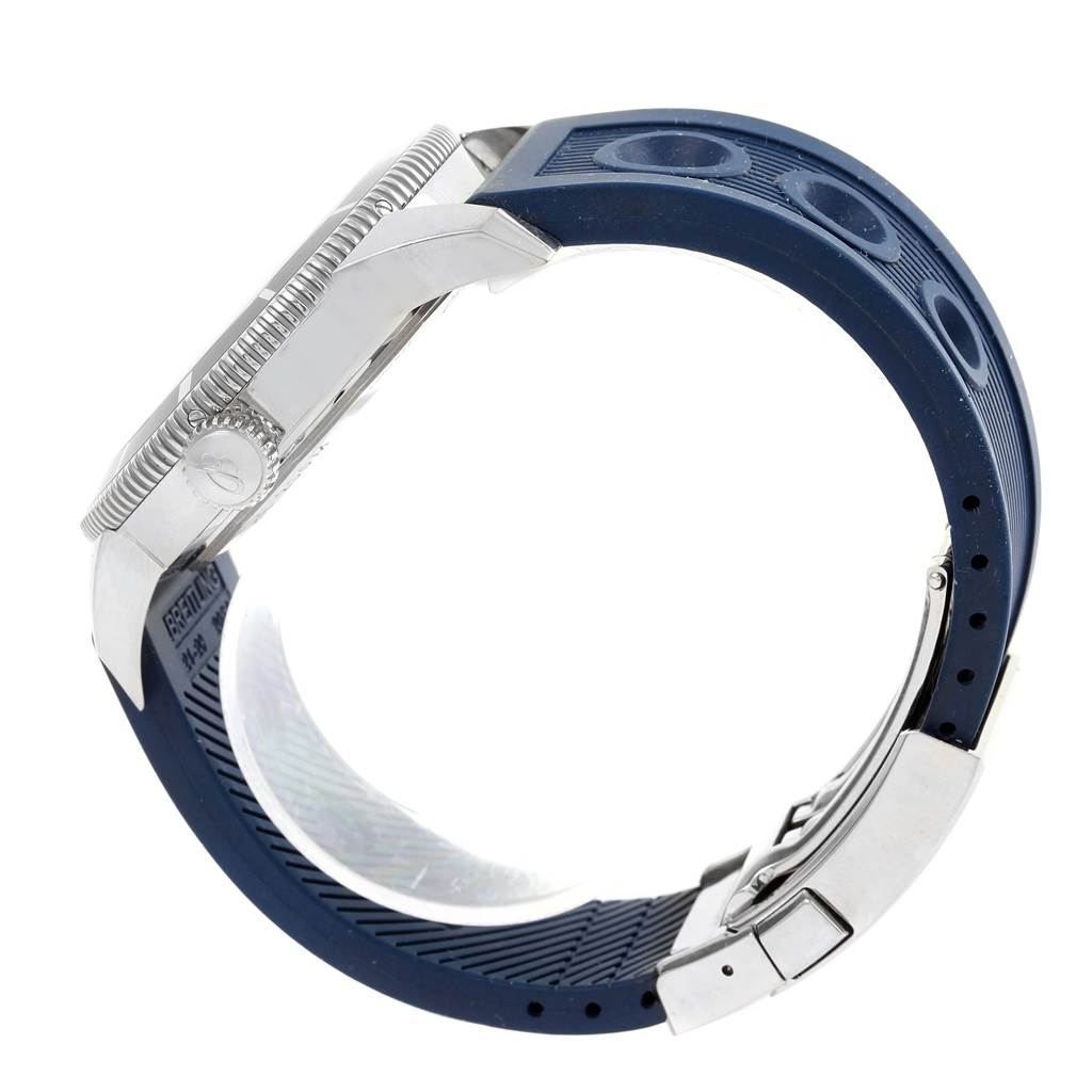 The Breitling Superocean A17320 Men's Stainless Steel Blue Dial A17320 Men's Stainless Steel Blue Dial watch is shown from the side, highlighting the case, bezel, crown, and rubber strap.