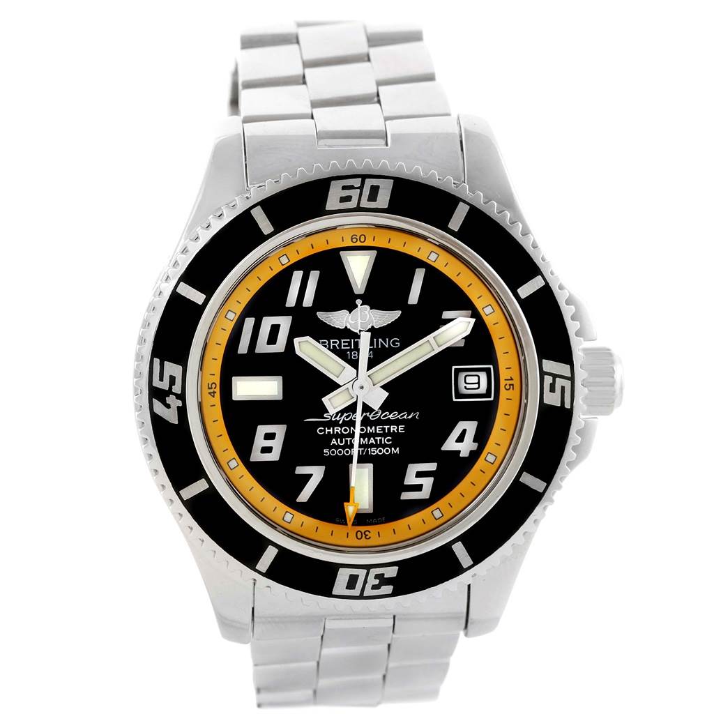 The Breitling Superocean A17364 Men's Stainless Steel Black Dial A17364 Men's Stainless Steel Black Dial watch is shown in a front view, displaying the dial, bezel, indicators, and stainless steel bracelet.