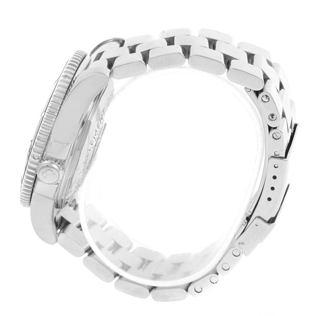 The image shows a side view of the Breitling Superocean A17364 Men's Stainless Steel Black Dial A17364 Men's Stainless Steel Black Dial watch, highlighting the metal bracelet, clasp, and side profile of the case.