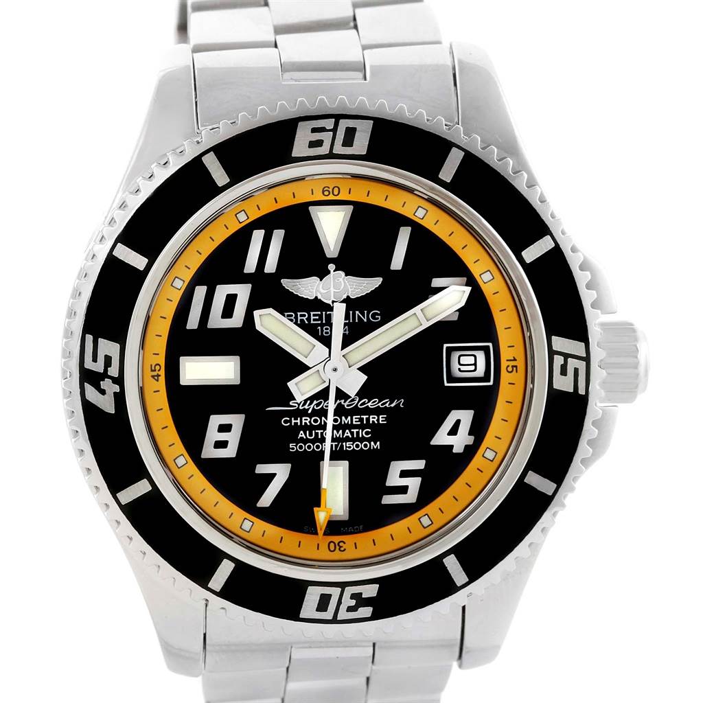 The image shows a front view of a Breitling Superocean A17364 Men's Stainless Steel Black Dial A17364 Men's Stainless Steel Black Dial watch highlighting the dial, bezel, and part of the bracelet.