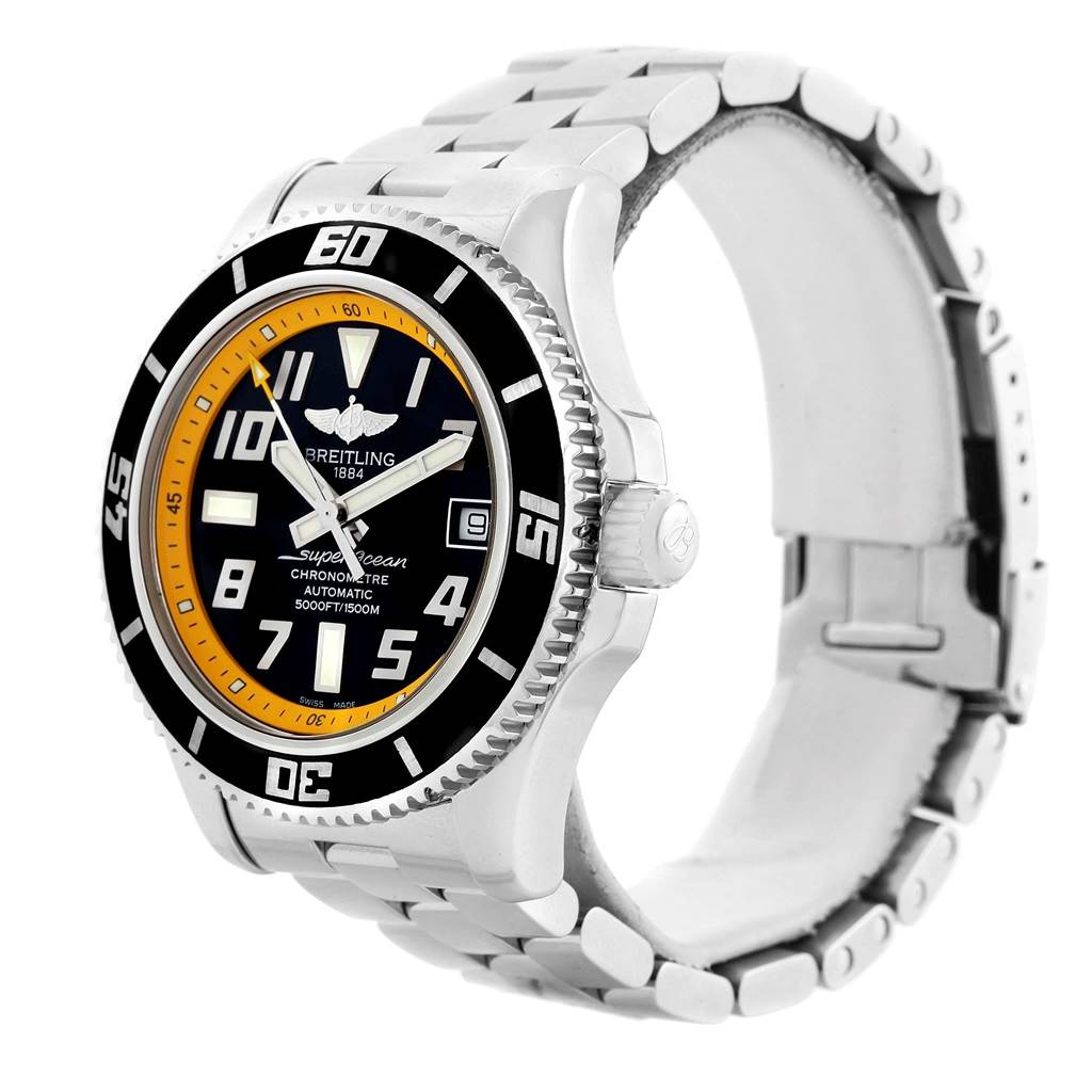 The image shows a Breitling Superocean A17364 Men's Stainless Steel Black Dial A17364 Men's Stainless Steel Black Dial watch from a front-side angle, highlighting its face, bezel, and metal bracelet.