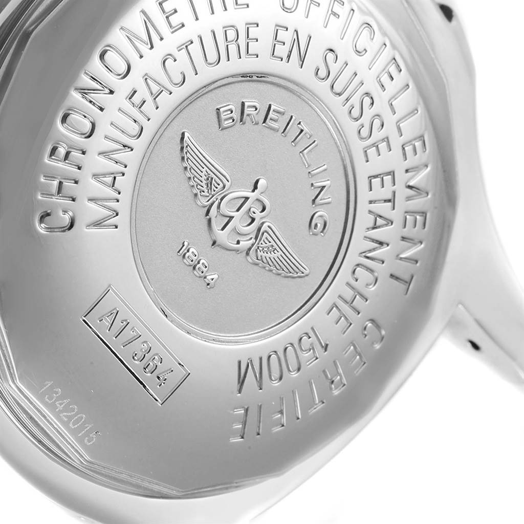 This is an image of the case back of a Breitling Superocean A17364 Men's Stainless Steel Black Dial A17364 Men's Stainless Steel Black Dial watch, showing inscriptions and the model number A17364.