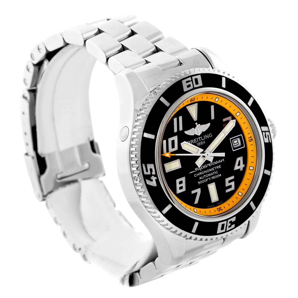 The Breitling Superocean A17364 Men's Stainless Steel Black Dial A17364 Men's Stainless Steel Black Dial watch is shown at a three-quarter angle, highlighting the face, bezel, and bracelet.
