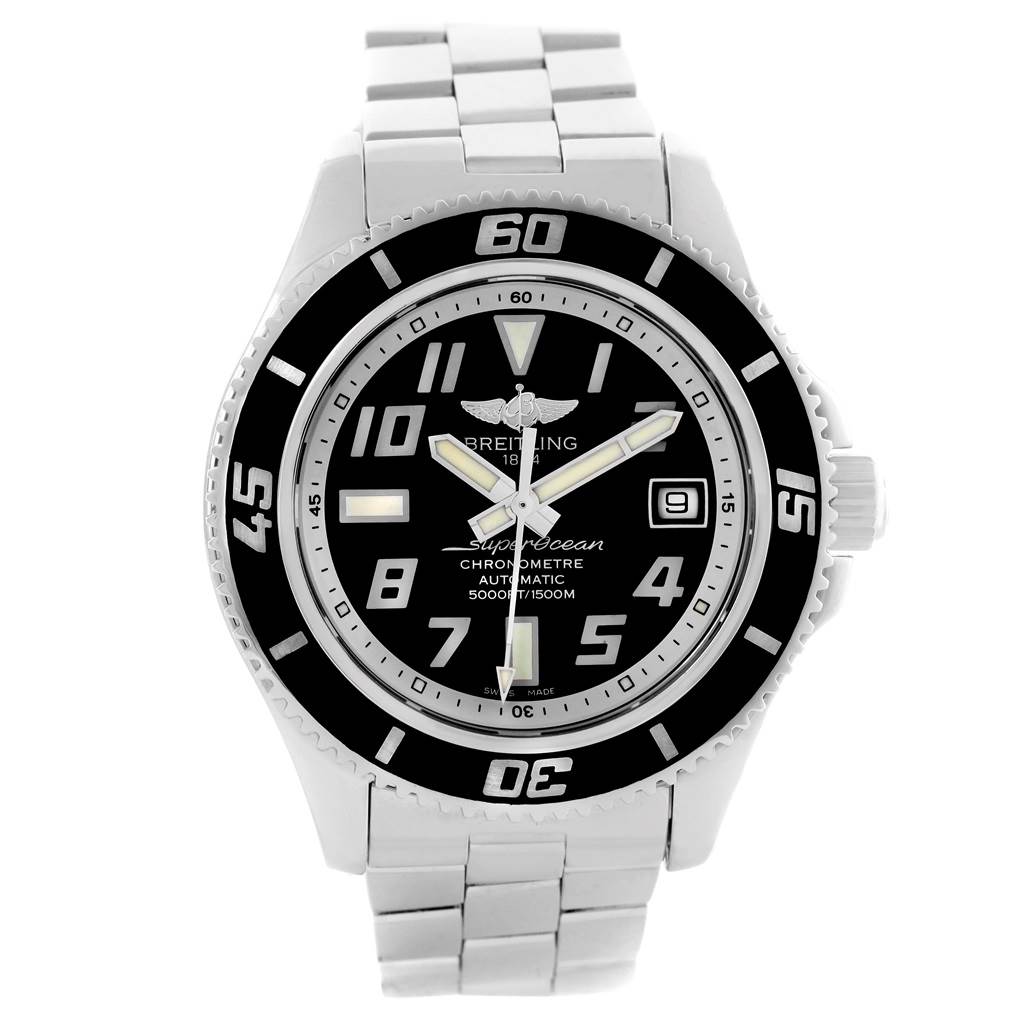 The Breitling Superocean A17364 Men's Stainless Steel Black Dial A17364 Men's Stainless Steel Black Dial watch is shown from a front angle, highlighting its dial, bezel, bracelet, and crown.