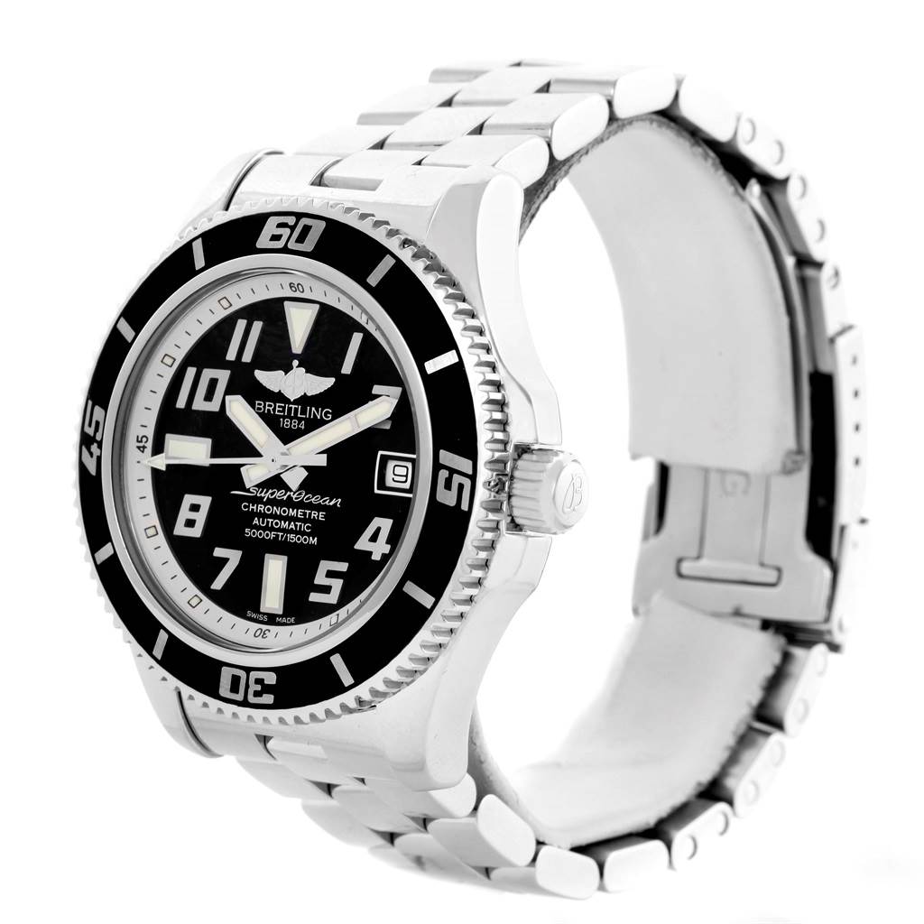 The Breitling Superocean A17364 Men's Stainless Steel Black Dial A17364 Men's Stainless Steel Black Dial watch is shown at a slight angle, displaying the dial, bezel, and metal bracelet.