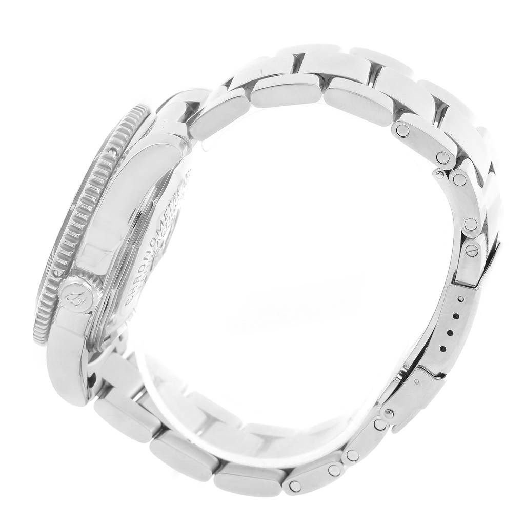 The image shows a side view of the Breitling Superocean A17364 Men's Stainless Steel Black Dial A17364 Men's Stainless Steel Black Dial watch, highlighting the bezel, crown, case, and bracelet.