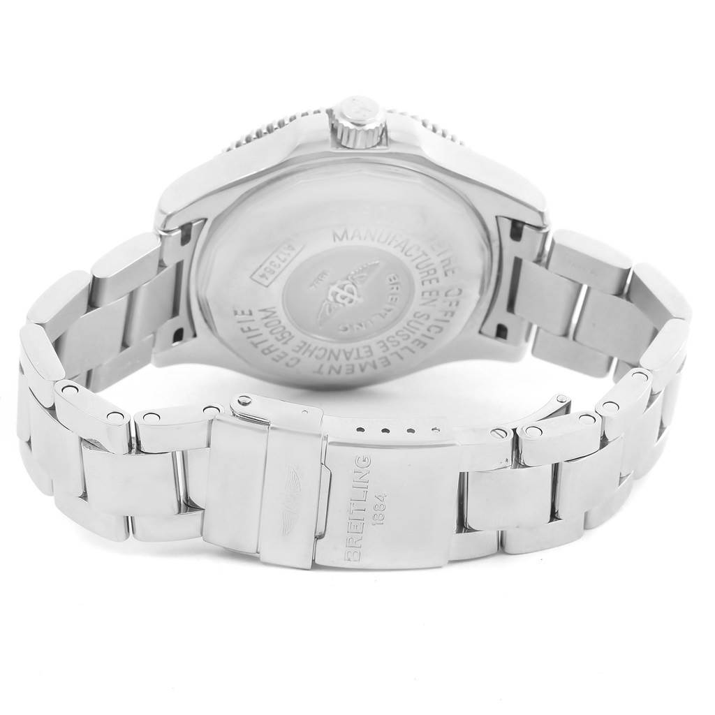 The image shows the back view of the Breitling Superocean A17364 Men's Stainless Steel Black Dial A17364 Men's Stainless Steel Black Dial watch, focusing on the case back and metal bracelet with clasp.