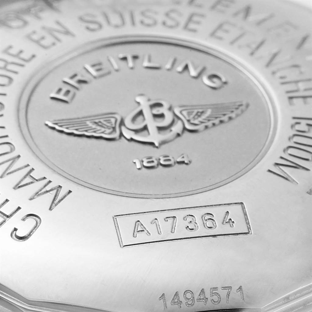 The image shows the back case of a Breitling Superocean A17364 Men's Stainless Steel Black Dial A17364 Men's Stainless Steel Black Dial watch, highlighting the brand logo, model number (A17364), and serial number.