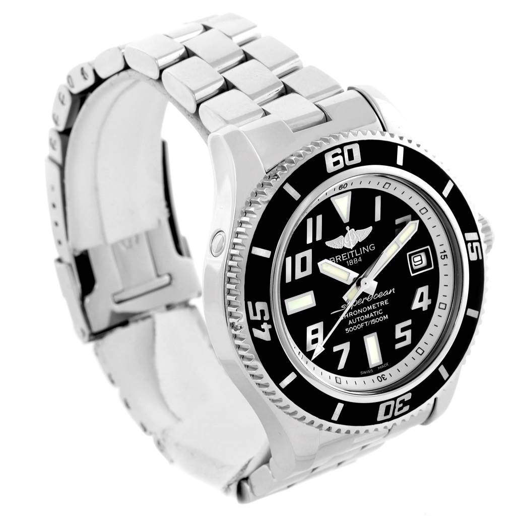 This image shows a Breitling Superocean A17364 Men's Stainless Steel Black Dial A17364 Men's Stainless Steel Black Dial watch at a slight side angle, displaying the dial, bezel, and metal bracelet.