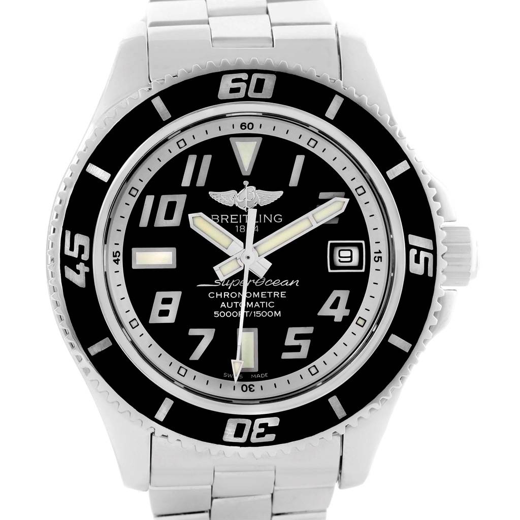 This is a frontal view of the Breitling Superocean A17364 Men's Stainless Steel Black Dial A17364 Men's Stainless Steel Black Dial showing the watch face, bezel, crown, and part of the metal bracelet.