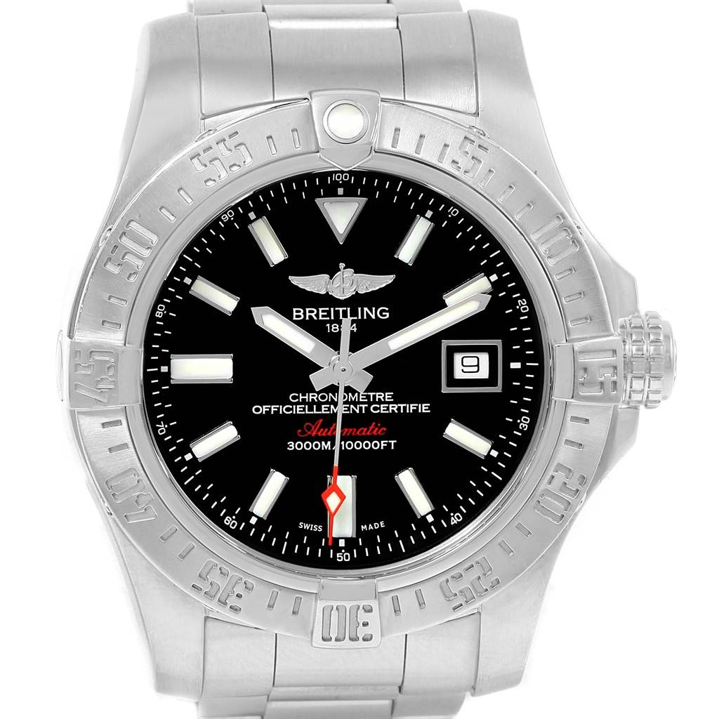 The image shows a front view of a Breitling Avenger A17331 Men's Stainless Steel Black Dial A17331 Men's Stainless Steel Black Dial watch, highlighting its dial, bezel, and part of the bracelet.