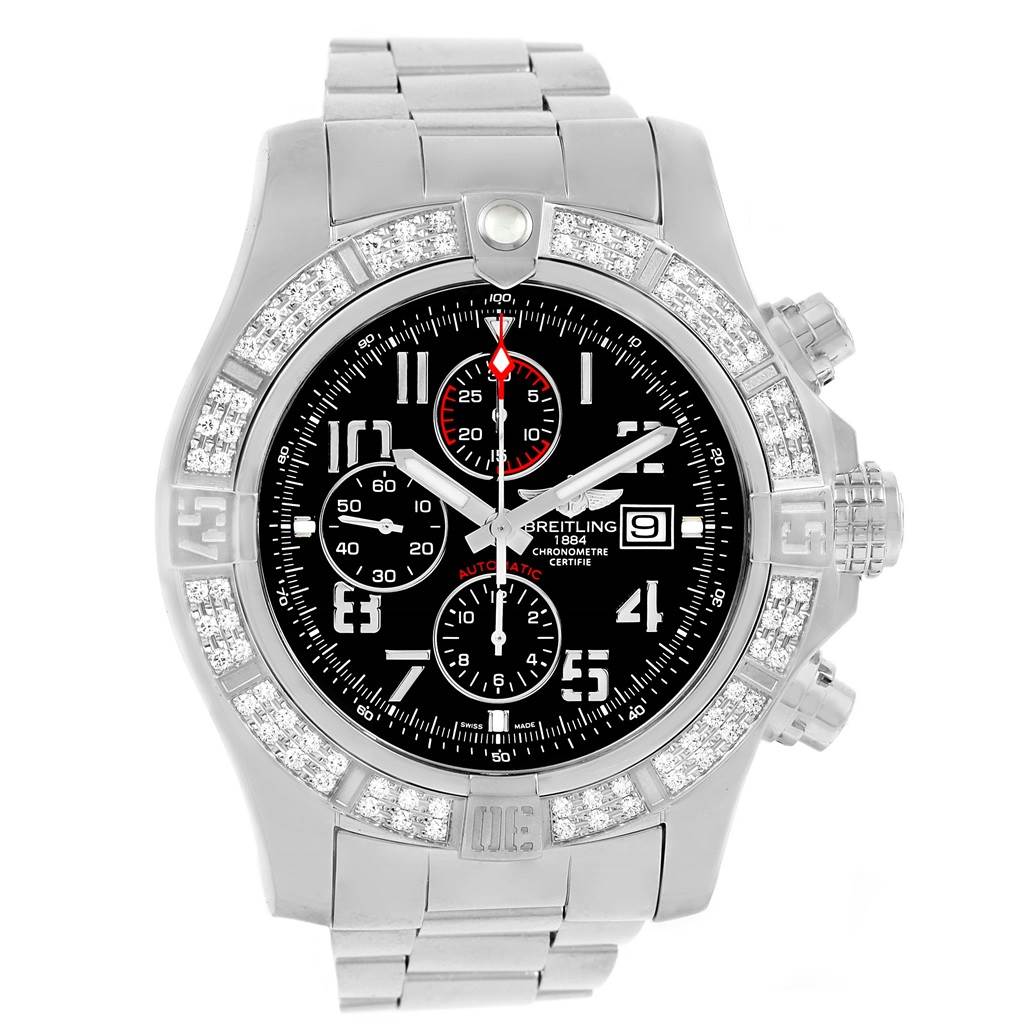 The image shows a Breitling Avenger A13370 Men's Stainless Steel Black Dial A13370 Men's Stainless Steel Black Dial watch face and bracelet, with detailed chronograph dials and a diamond-encrusted bezel.