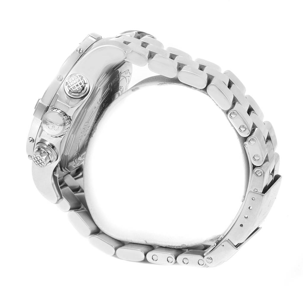 The image shows a side view of the Breitling Avenger A13370 Men's Stainless Steel Black Dial A13370 Men's Stainless Steel Black Dial watch, detailing the crown and pushers, as well as the bracelet.