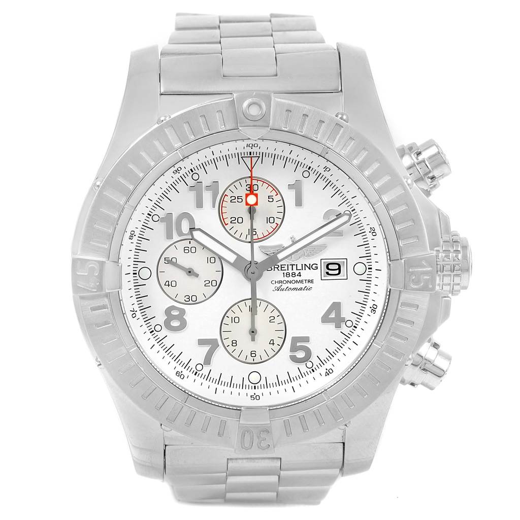 The image shows a front view of a Breitling Avenger A13370 Men's Stainless Steel Black Dial A13370 Men's Stainless Steel Black Dial watch, displaying its face, dial, bezel, and stainless steel bracelet.