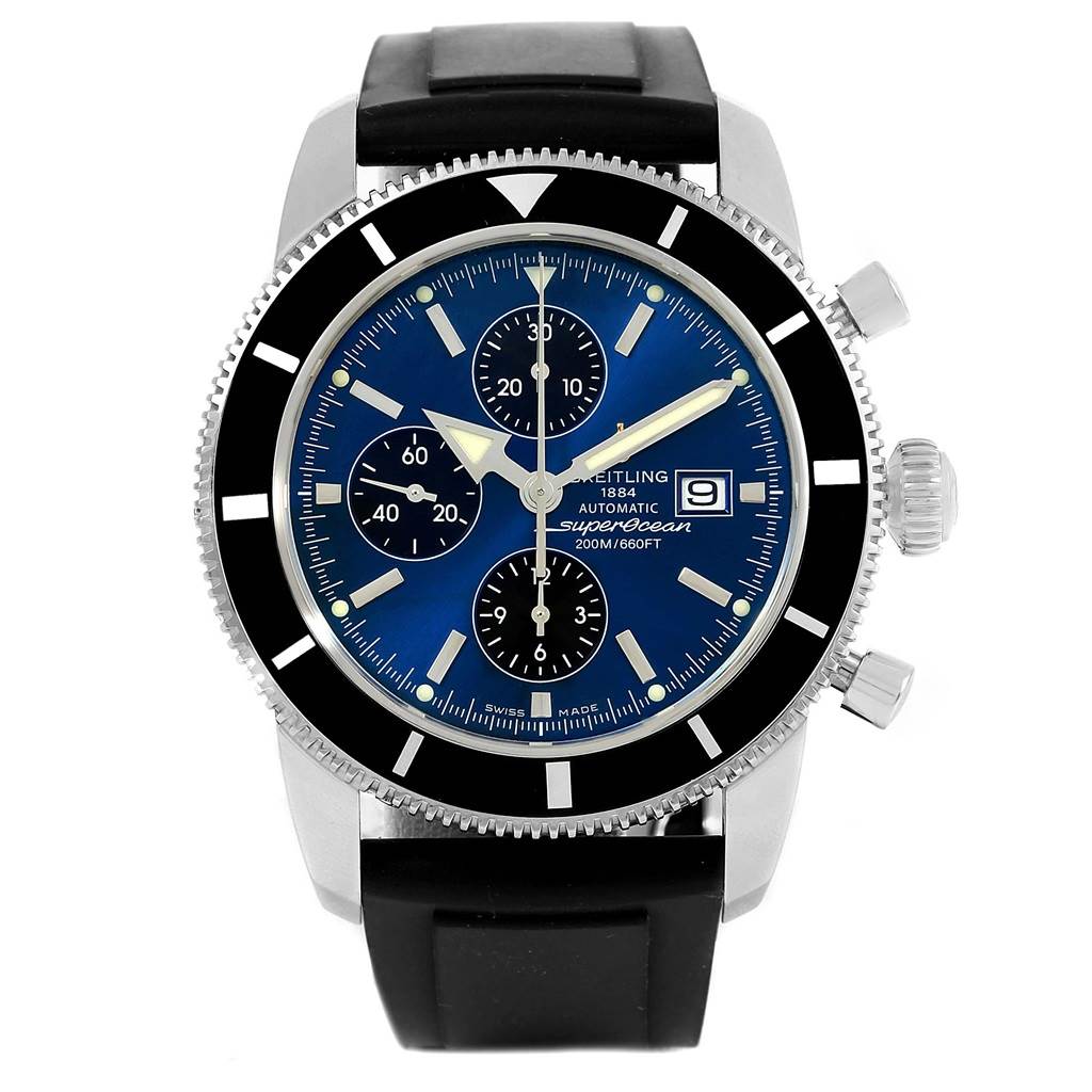 The image shows a front view of a Breitling Superocean A13320 Men's Stainless Steel Blue Dial A13320 Men's Stainless Steel Blue Dial watch, including its dial, bezel, and rubber strap.