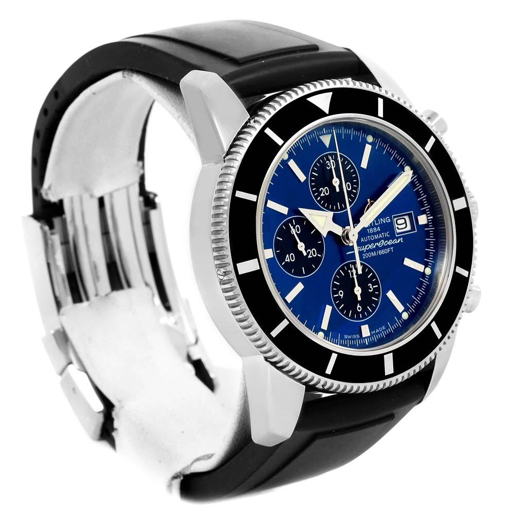 The Breitling Superocean A13320 Men's Stainless Steel Blue Dial A13320 Men's Stainless Steel Blue Dial watch is displayed at a front-angle showcasing the dial, bezel, crown, chronograph sub-dials, and rubber strap.