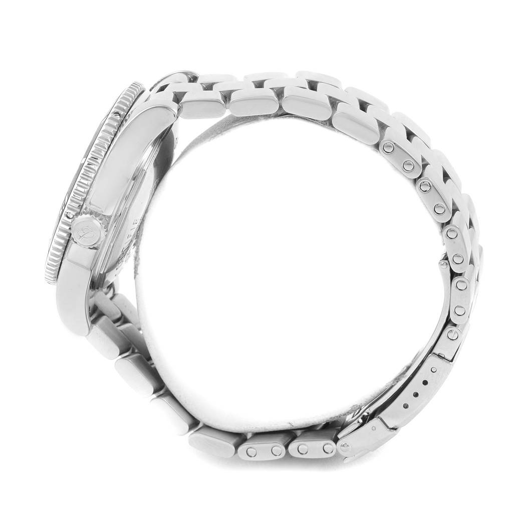 The image shows a side view of the Breitling Superocean A17364 Men's Stainless Steel Black Dial A17364 Men's Stainless Steel Black Dial watch, displaying the bezel, case, and stainless steel bracelet.