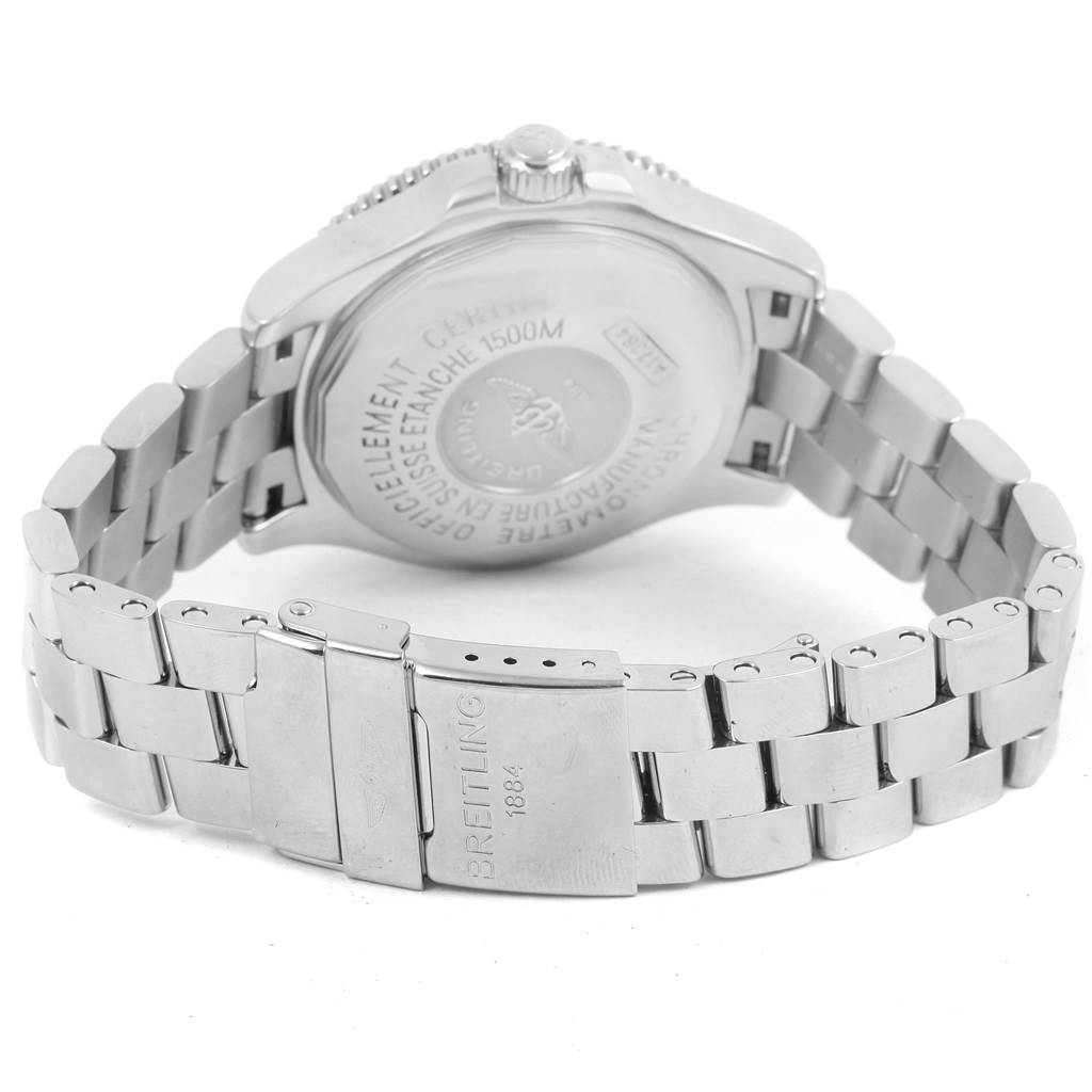 The image shows the back and clasp of a Breitling Superocean A17364 Men's Stainless Steel Black Dial A17364 Men's Stainless Steel Black Dial watch, displaying the engraved details and stainless steel bracelet.