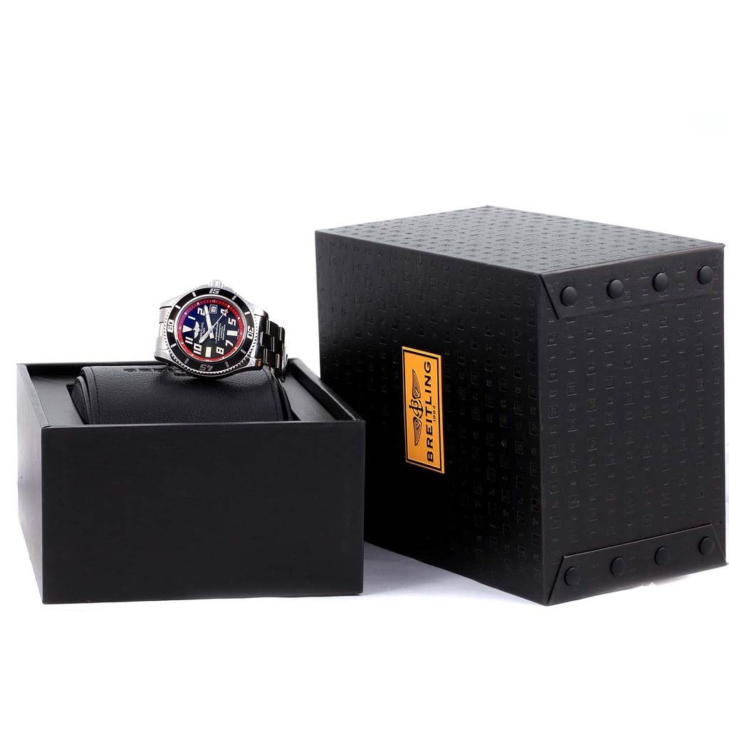 The Breitling Superocean A17364 Men's Stainless Steel Black Dial A17364 Men's Stainless Steel Black Dial watch is displayed at an angle showing its face and bracelet, next to its branded box.