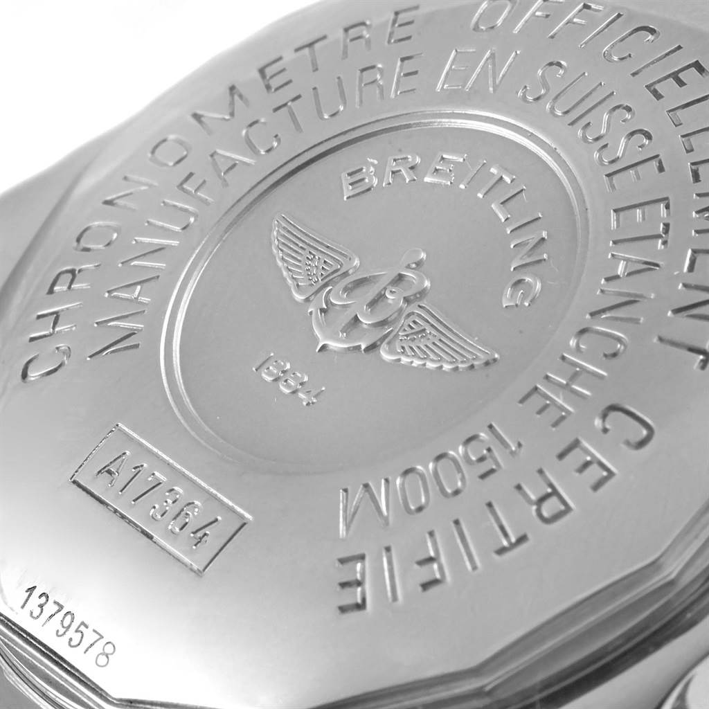 The image shows the case back of a Breitling Superocean A17364 Men's Stainless Steel Black Dial A17364 Men's Stainless Steel Black Dial watch from a close-up angle, highlighting the engraved details.