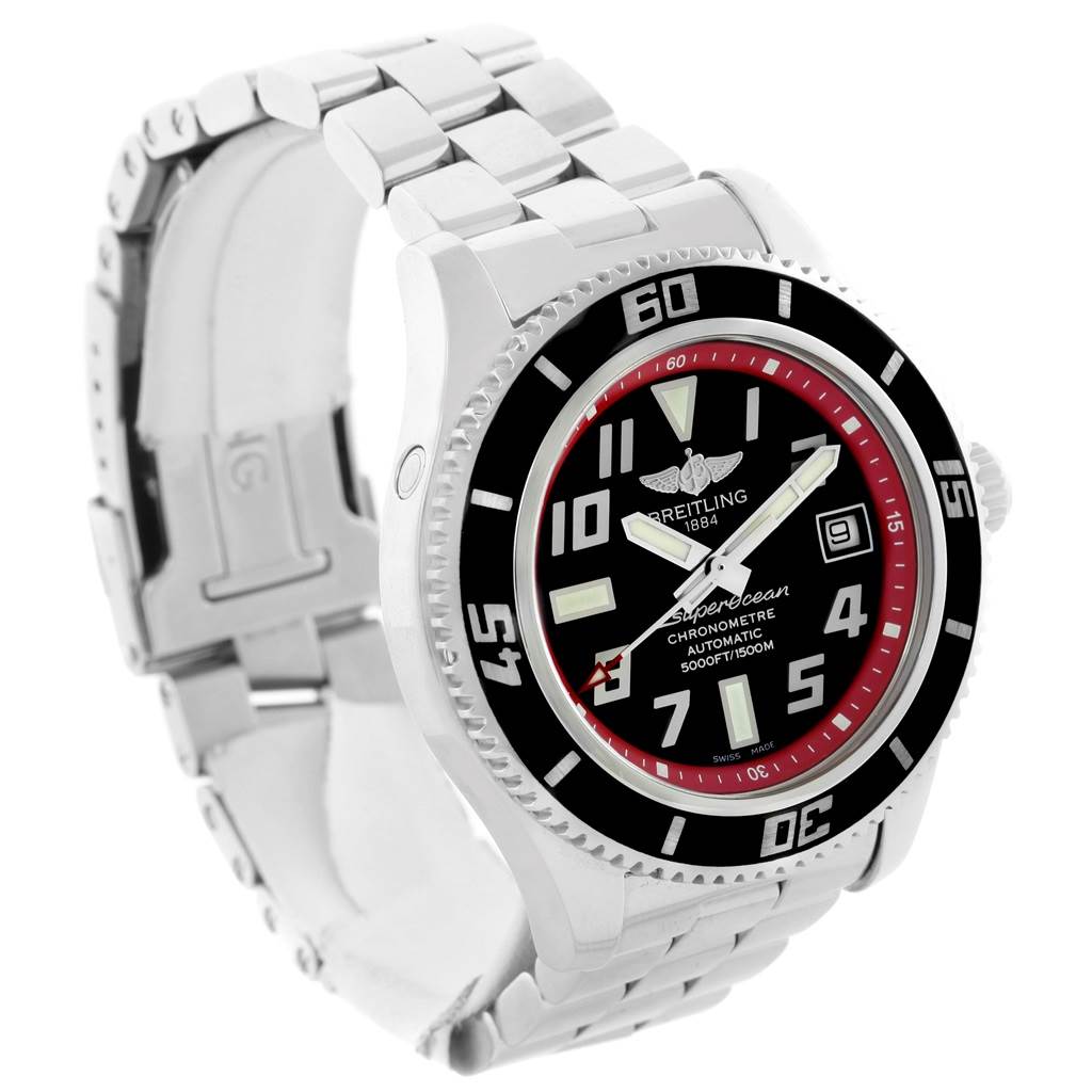 This image features a Breitling Superocean A17364 Men's Stainless Steel Black Dial A17364 Men's Stainless Steel Black Dial watch, showcasing its face, bezel, crown, and bracelet in a side-angle view.